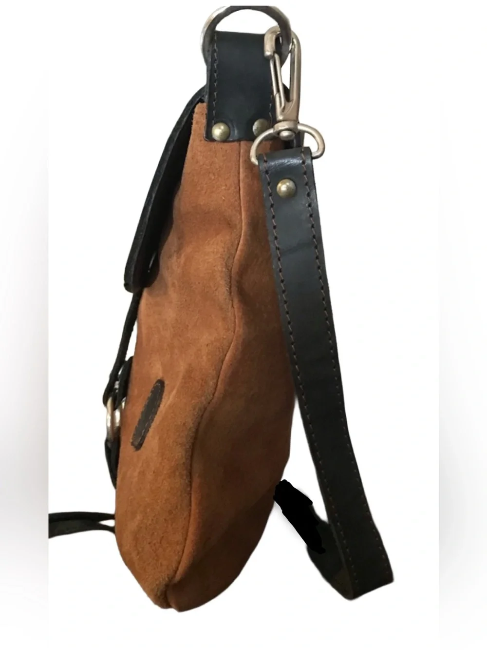 EL CEIBO HANDCRAFTED TAN SUEDE AND BLACK LEATHER CROSSBODY MESSENGER BAG